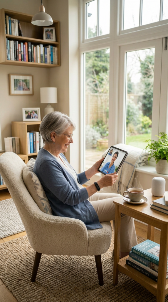 Home elderly lady using remote monitoring systems