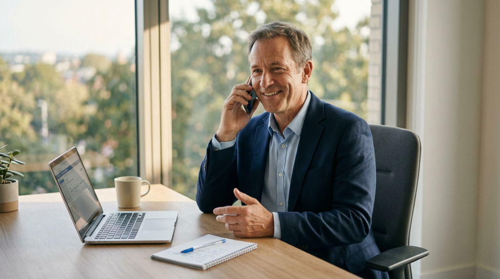 Home friendly, professional man visibly happy to hear the news